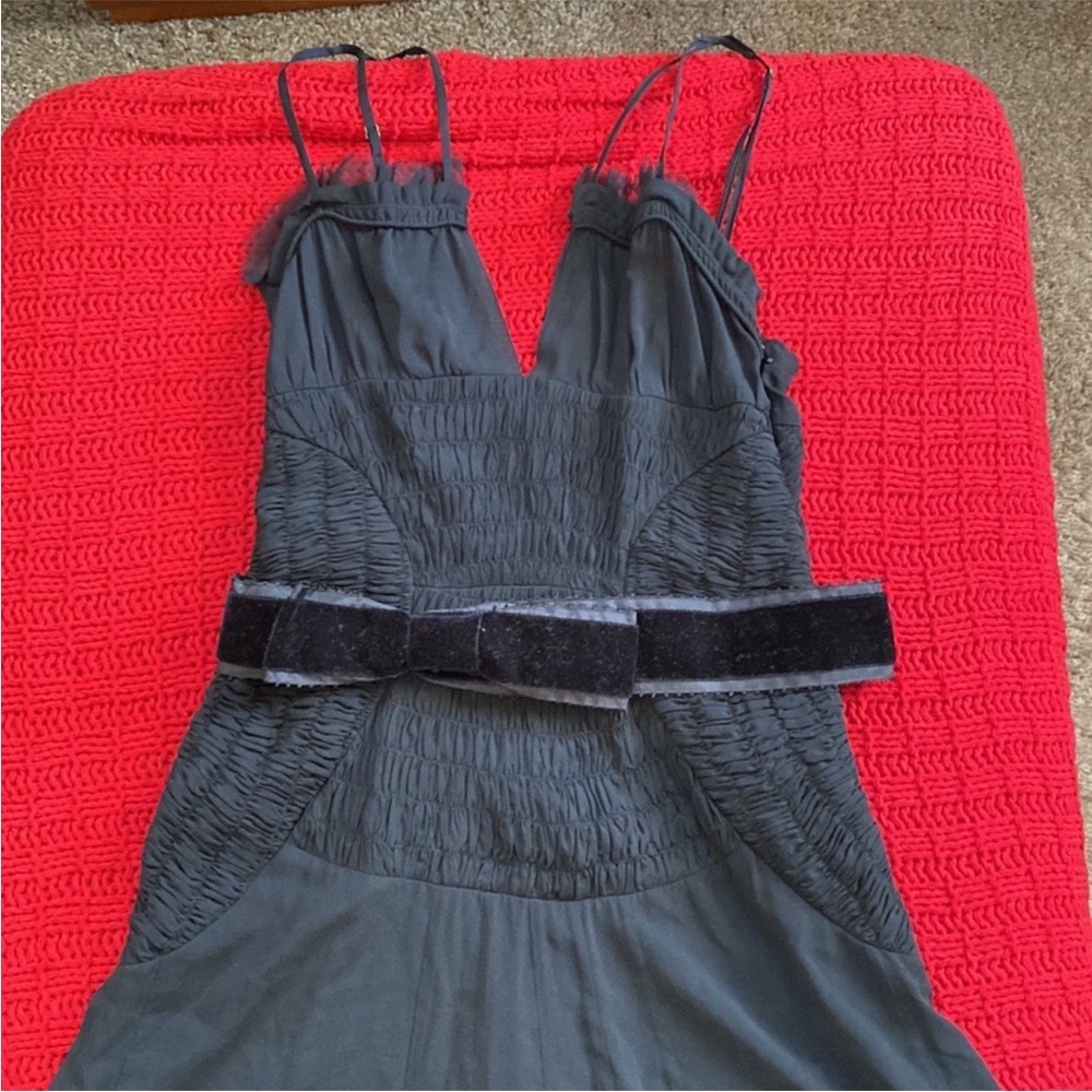 L.A.M.B Gwen Black Silk Gathered Evening Dress with Velvet Belt - Picture 7 of 12